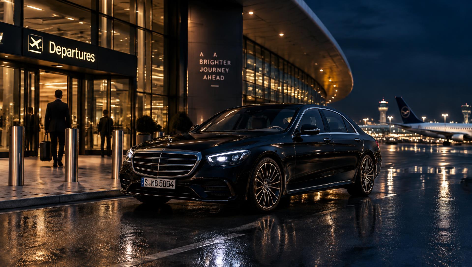 Black luxury sedan outside an airport terminal at night